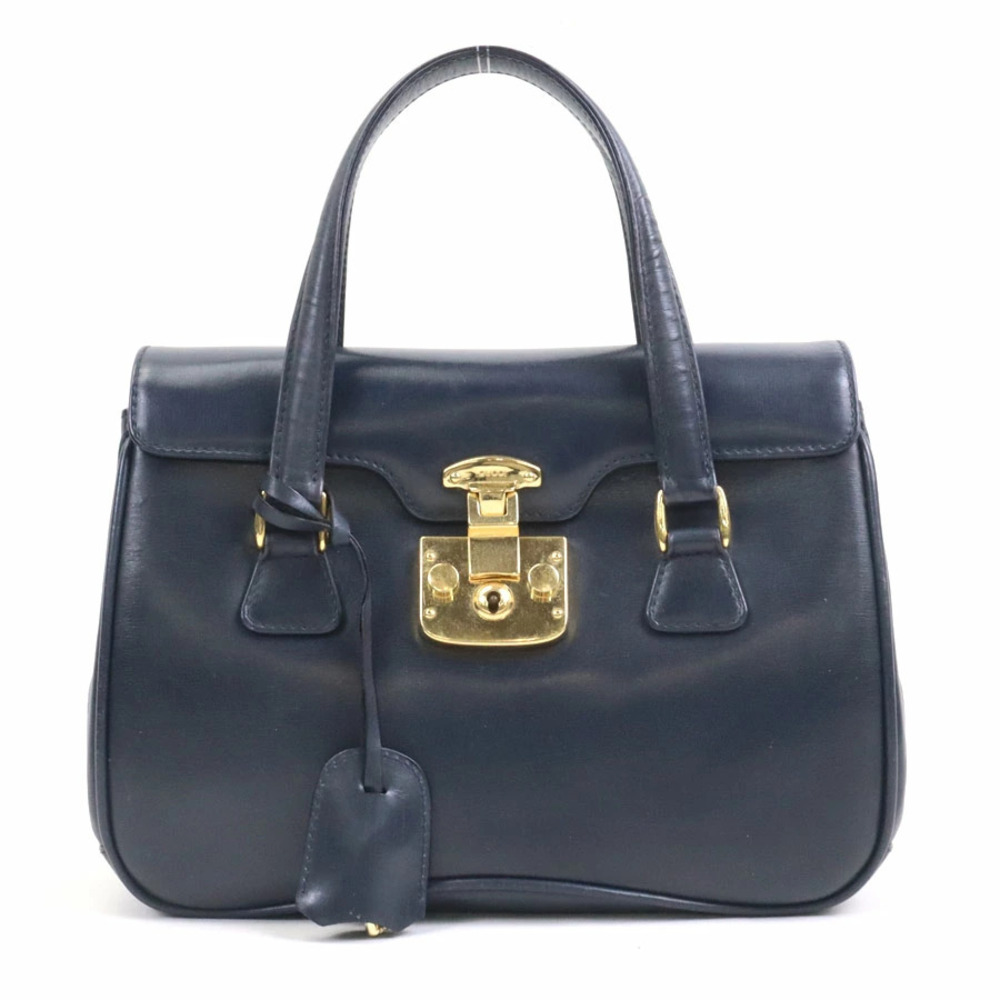 Gucci Handbag Leather Navy Blue Gold